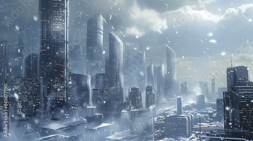 The winter scenery shows a futuristic city hidden under thick snow, where modern skyscrapers create a dramatic landscape.