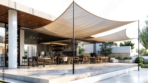 Elegant cantilever pole supporting a large shade sail in a contemporary outdoor cafe setting