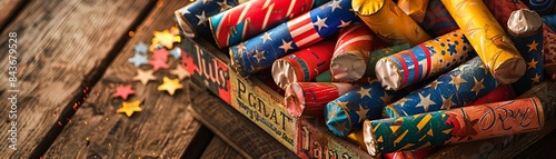 Assorted fireworks with American flag patterns, packed in a crate labeled July 4th, colorful and festive, Realistic, Patriotic colors, High contrast 8K , high-resolution, ultra HD,up32K HD