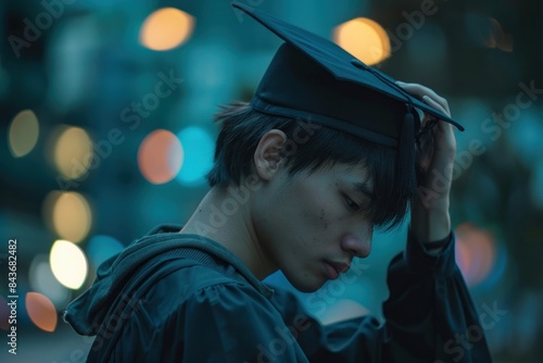 Hong konger man holding a graduation hat photo disappointment contemplation.