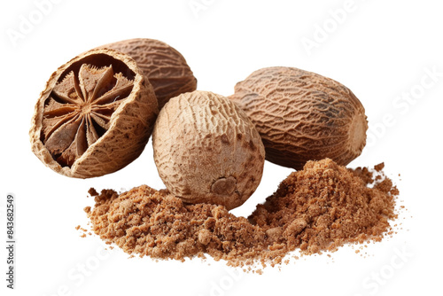 Close-up of Dried Whole and Split Nutmeg Seeds with Ground Nutmeg Powder on White Background