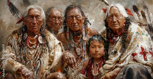 Portrait of a multicultural group of Native American elders and a child adorned in traditional attire and ceremonial feathers.