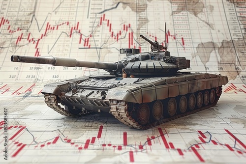 Miniature battle tank on stock market charts