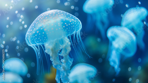 Underwater life. Blue jellyfish swims in the ocean. Sea life. 