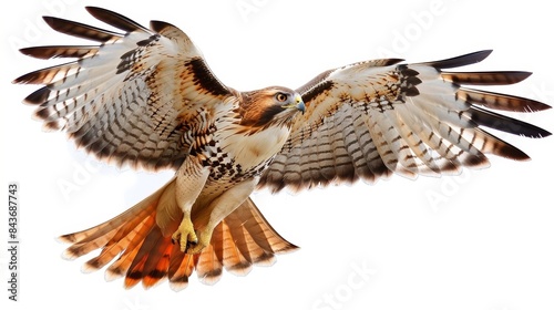 Elegant red-tailed hawk spreads its wings as it soars through the sky, displaying its beauty and power against a stark white backdrop