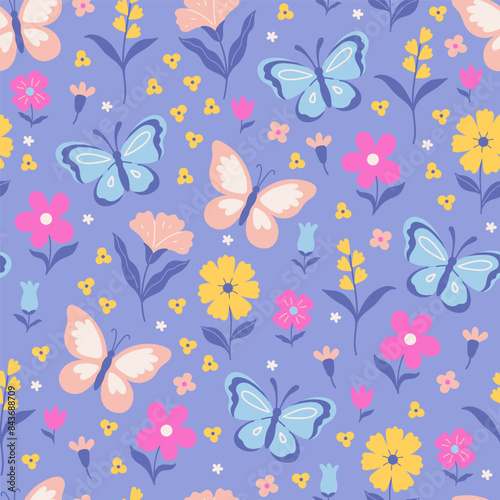 Seamless pattern of butterflies and flowers on a purple background. Vector graphics.