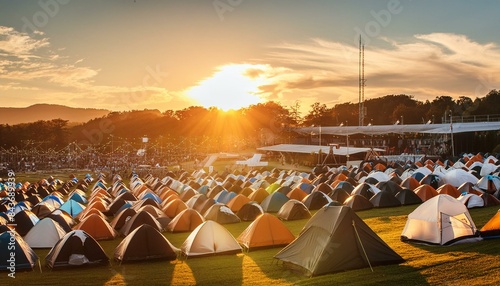 A large outdoor music festival with tents and camping gear was captured at sunset with the sun setting behind it.