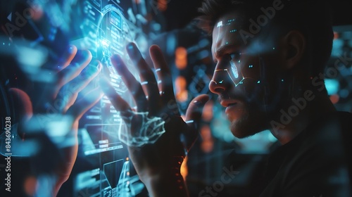 The man gains access to the personal information of the holograms with fingerprint identification Modern technologies cloud data storage : Generative AI
