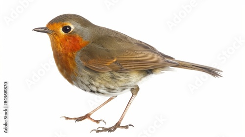 European robin with red breast and brown and white feathers standing and gazing to the right