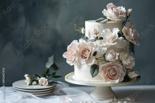 Elegant wedding cake decorated with delicate, handmade sugar roses, perfect for a romantic celebration