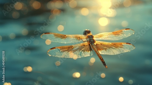 A dragonfly hovering above a pond, its wings glistening in the sunlight.