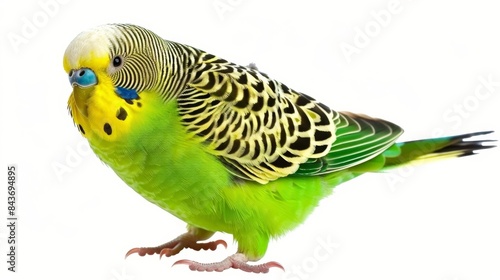 Vibrant green and yellow budgie bird stands on a white background, showing off its colorful feathers and cute charm