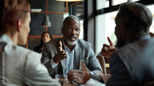 Mature businessman leader mentor talking to diverse colleagues team listening to caucasian ceo Multicultural professionals project managers group negotiating in boardroom at meeting Ve : Generative AI
