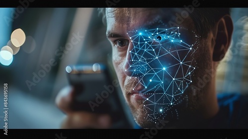 Facial recognition biometric security system cyber security network technology data protection concept Man using mobile phone with face scanning unlocked to access personal data and ne : Generative AI