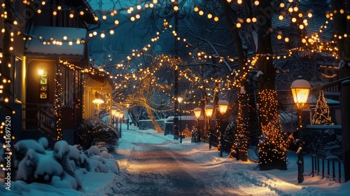Festive Christmas lights on a snowy street.