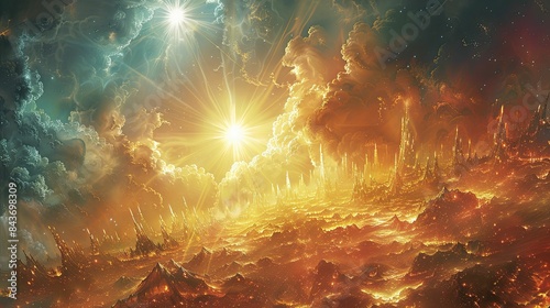 The vivid scene of celestial beings descending upon a golden landscape, a powerful depiction of divine intervention and spiritual awakening