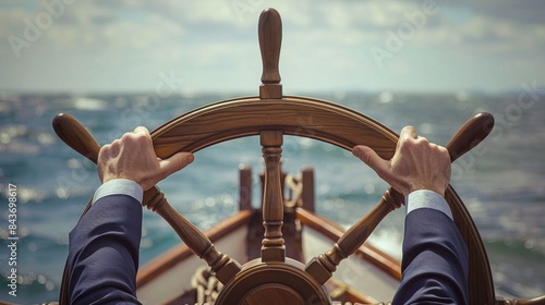 A ship captain is navigating a ship in sea.