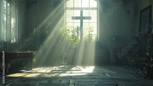 A cross stands as the focal point in a sunlit room, its shadow extending across the floor, embodying a sense of faith and optimism.