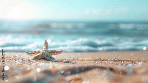 A starfish on sandy beach with tropical blue sea