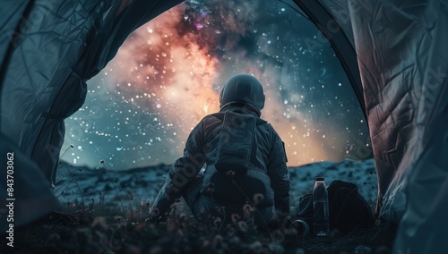The astronaut gazes out from the tent's entrance, a small figure against the vast expanse of the galaxy.
