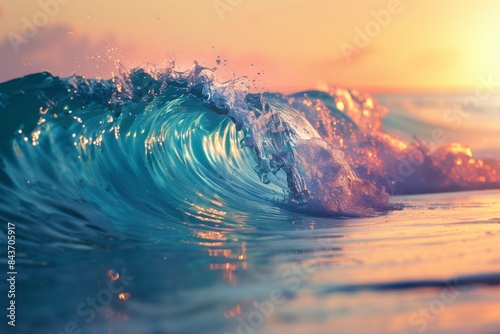 Beautiful big sea wave in side view, sunny day, bokeh background 