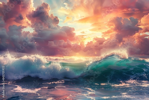 Beautiful big sea wave in side view, colorful dramatic cloud on the sky, bokeh background