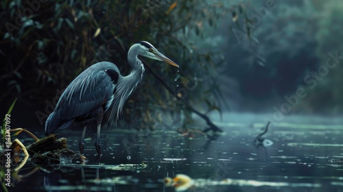 A heron hunting for fish