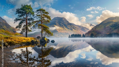 Beautiful morning panorama of Buttermere lake in the Lake District. 