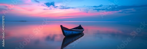 A little boat in still water with colorful sunset sky