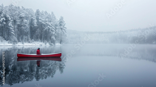 Man raw a boat in still lake water in winter with snow covering forest
