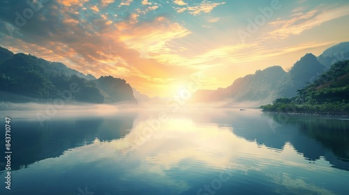Beautiful river valley landscape with sunset or sunrise dawn or dusk over the peaceful calm still waters and blue and yellow sky horizon