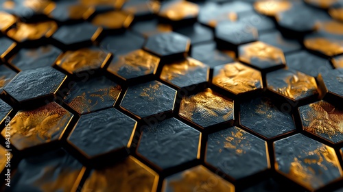 Craft a visual prompt featuring a hexagonal extravaganza, with 3D hexagons dynamically displayed in black and gold