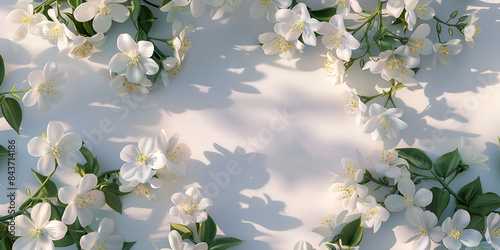 Floral wreath with flowers on it on a white background ,Flowers composition Frame made of white jasmine flowers on white background, Spring cherry blossom. Cherry flowers flat on pastel background. 