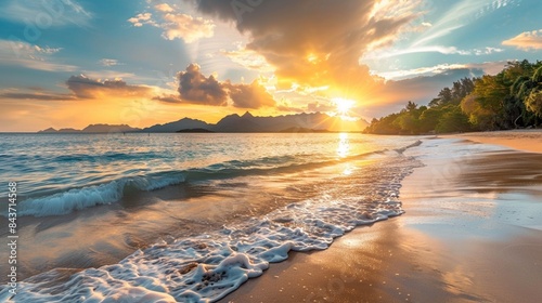 Beautiful sunrise over the sea and tropical sandy beach