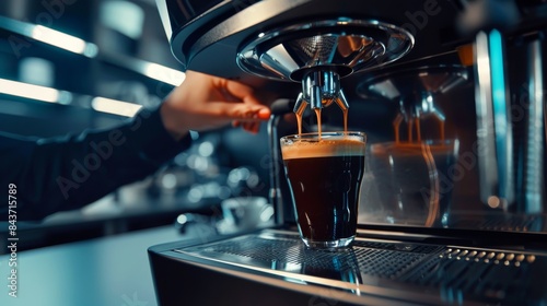 Barista pouring coffee into machine in realistic photo, preparing for a fresh brew