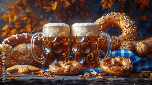 Two mugs of beer with pretzels and fall foliage.