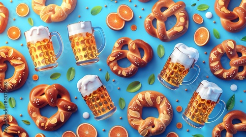 Flat lay of pretzels, beer, oranges and leaves on a blue background.