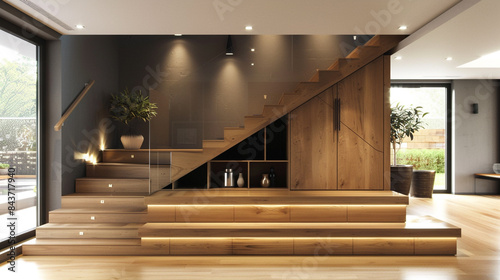 Contemporary hall with sleek wooden stairs and custom cabinets underneath.