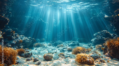 Spectacular view of sunbeams filtering through ocean water, highlighting coral and sea life on the sea bed