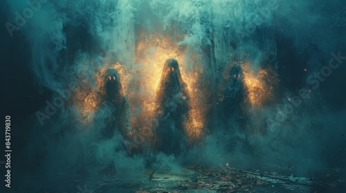 Three menacing figures with fire-like auras stand in a mystical forest environment, emitting a dangerous vibe