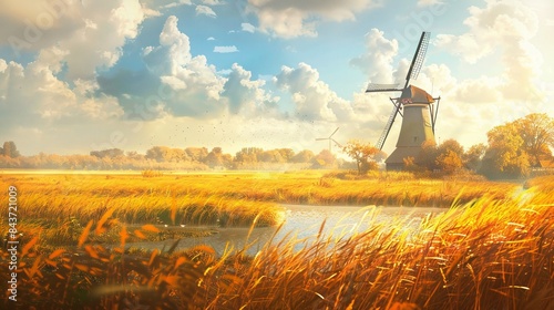 Artistic painting of rural countryside scene with traditional windmill and golden wheat field