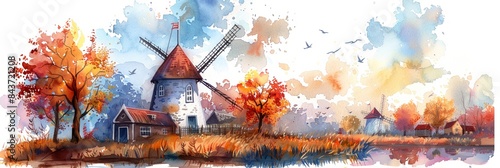 Artistic watercolor painting of rural countryside scene with traditional windmill