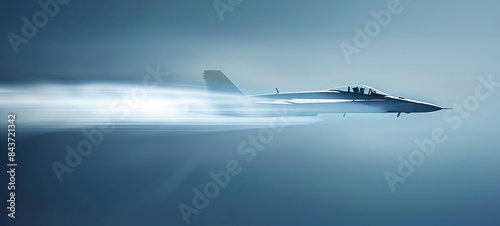 A jet fighter breaking the sound barrier with a visible shockwave, side view, showcasing extreme speed and power, advanced tone, Complementary Color Scheme