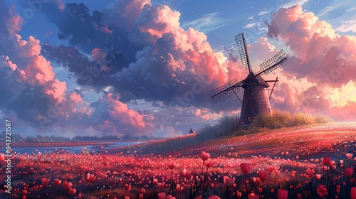 Artistic painting of rural countryside scene with traditional windmill
