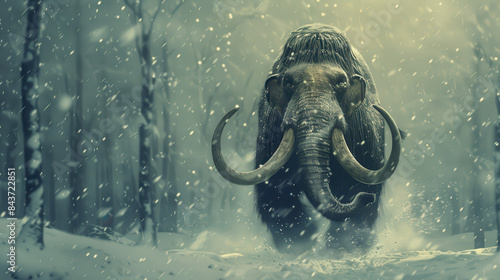 A large elephant with tusks is running through the snow