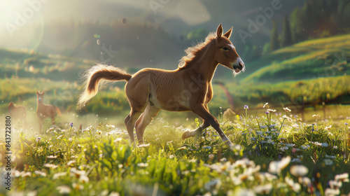 A horse is running through a field of flowers
