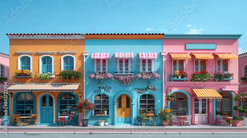 Bright and vibrant row of pastel-colored shop houses with flower boxes, awnings, and decorative trims on a sunny summer day, under a clear blue sky.