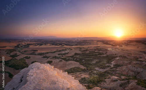 Aerial view at sunset from the Sora Castle of the region of the 5 villas in Zaragoza