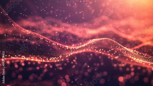 Abstract glowing red particles on a wave form background, creating a vivid and dynamic digital landscape, for tech and design