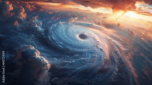 A dramatic illustration of a massive hurricane swirling across the